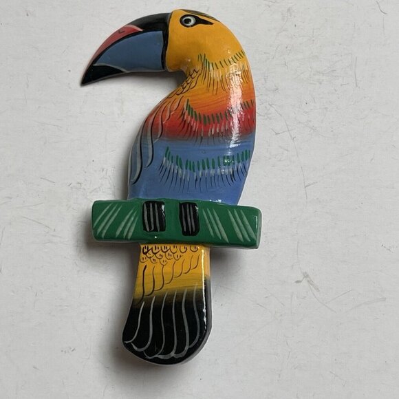 Hand Painted Wood Toucan Tropical Bird Brooch Pin 3.75 Colorful Handmade - Picture 1 of 4
